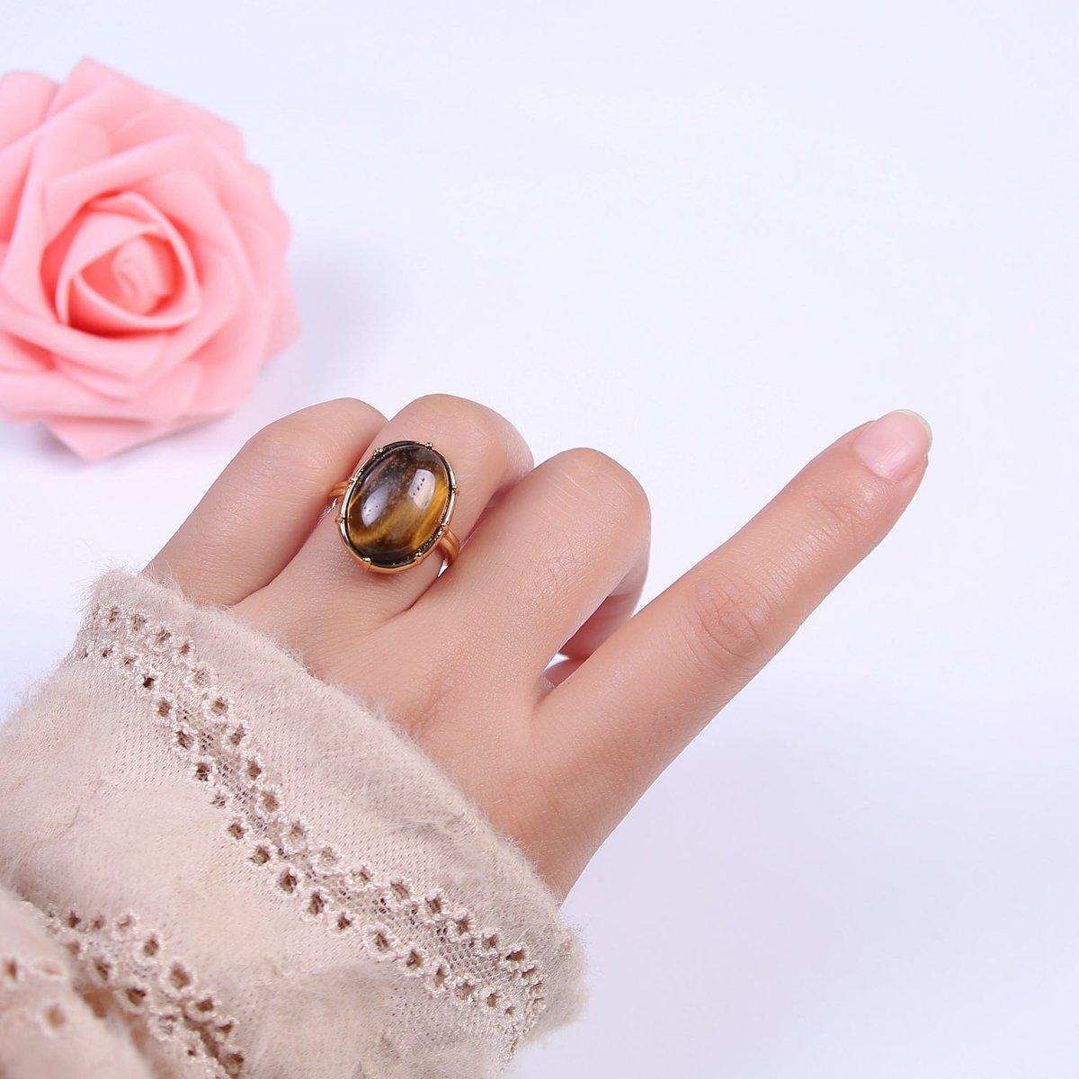 Gold Tiger Eye Rings | Oval Gemstone Signet Ring | Gold Gem Stone Rings | Chunky Gold Statement Ring U-371