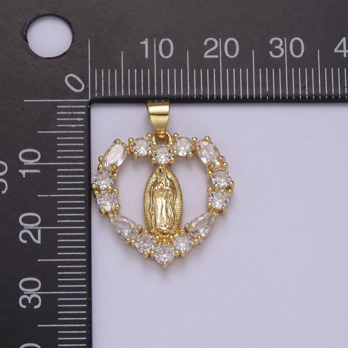 Gold Virgin Mary On Heart Emblem Shape Pendant Religious Charm Lady Guadalupe Pave Pendant, Dainty Gold Charm J-357