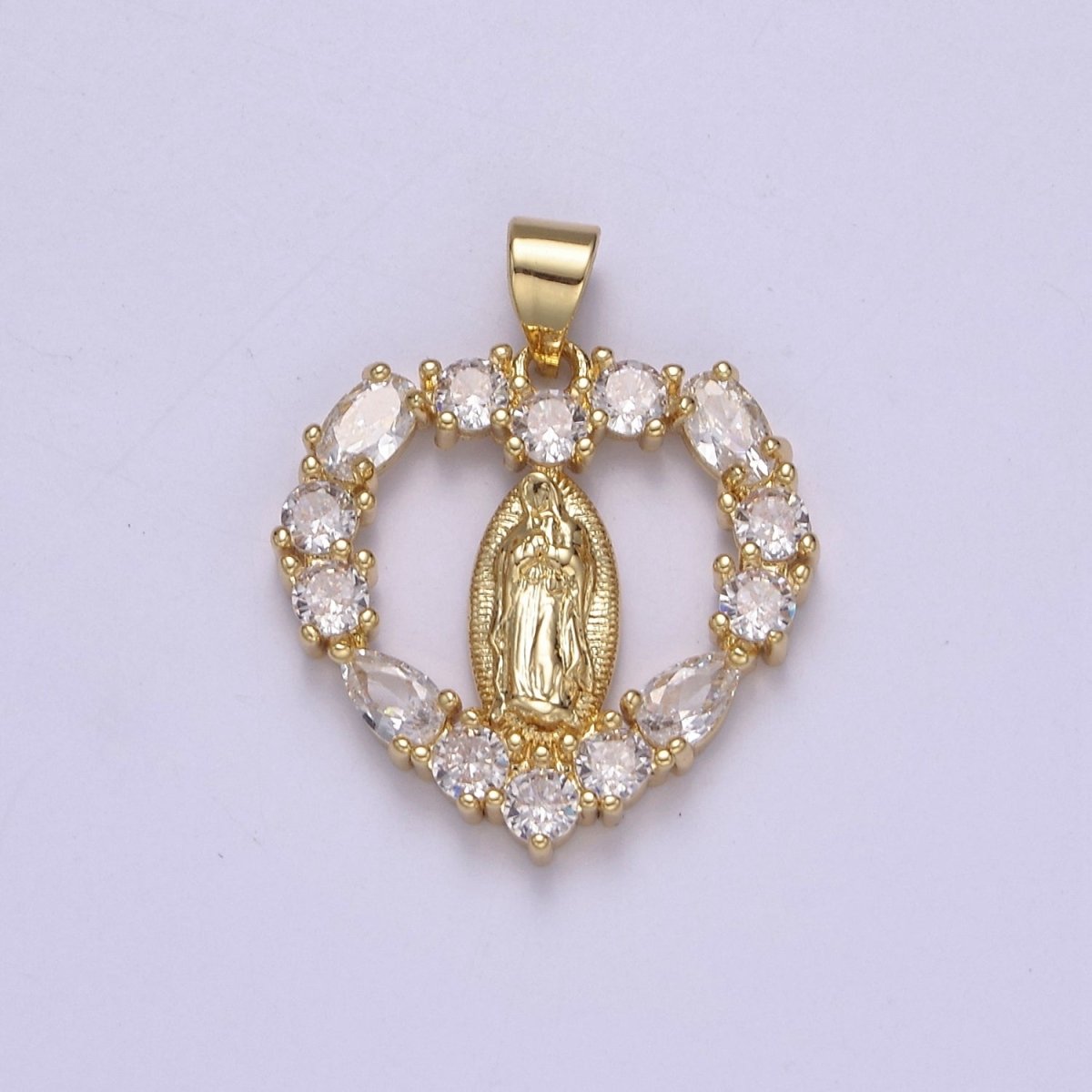 Gold Virgin Mary On Heart Emblem Shape Pendant Religious Charm Lady Guadalupe Pave Pendant, Dainty Gold Charm J-357