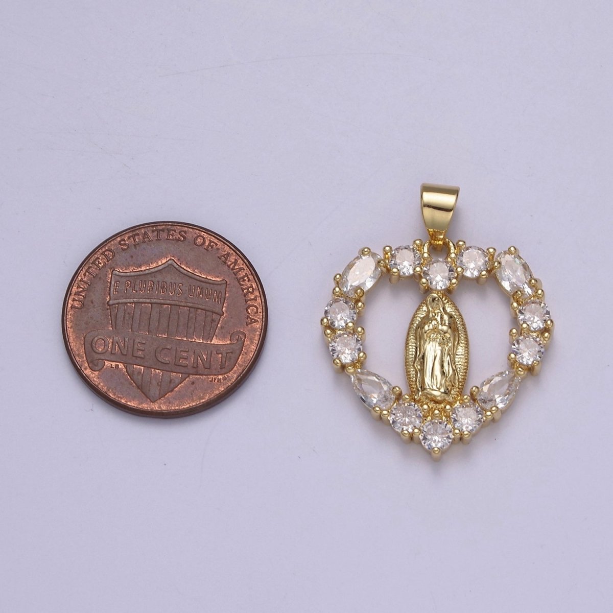 Gold Virgin Mary On Heart Emblem Shape Pendant Religious Charm Lady Guadalupe Pave Pendant, Dainty Gold Charm J-357