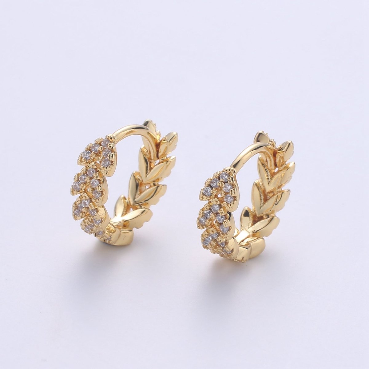 Golden Leaf Gold Filled Huggies  Dainty Gold Olive Leaf Earring Hoop Earrings, Huggie Delicate Earrings, Minimalist, Boho Earrings CZ Cubic Simple earring Gift for Her K-554