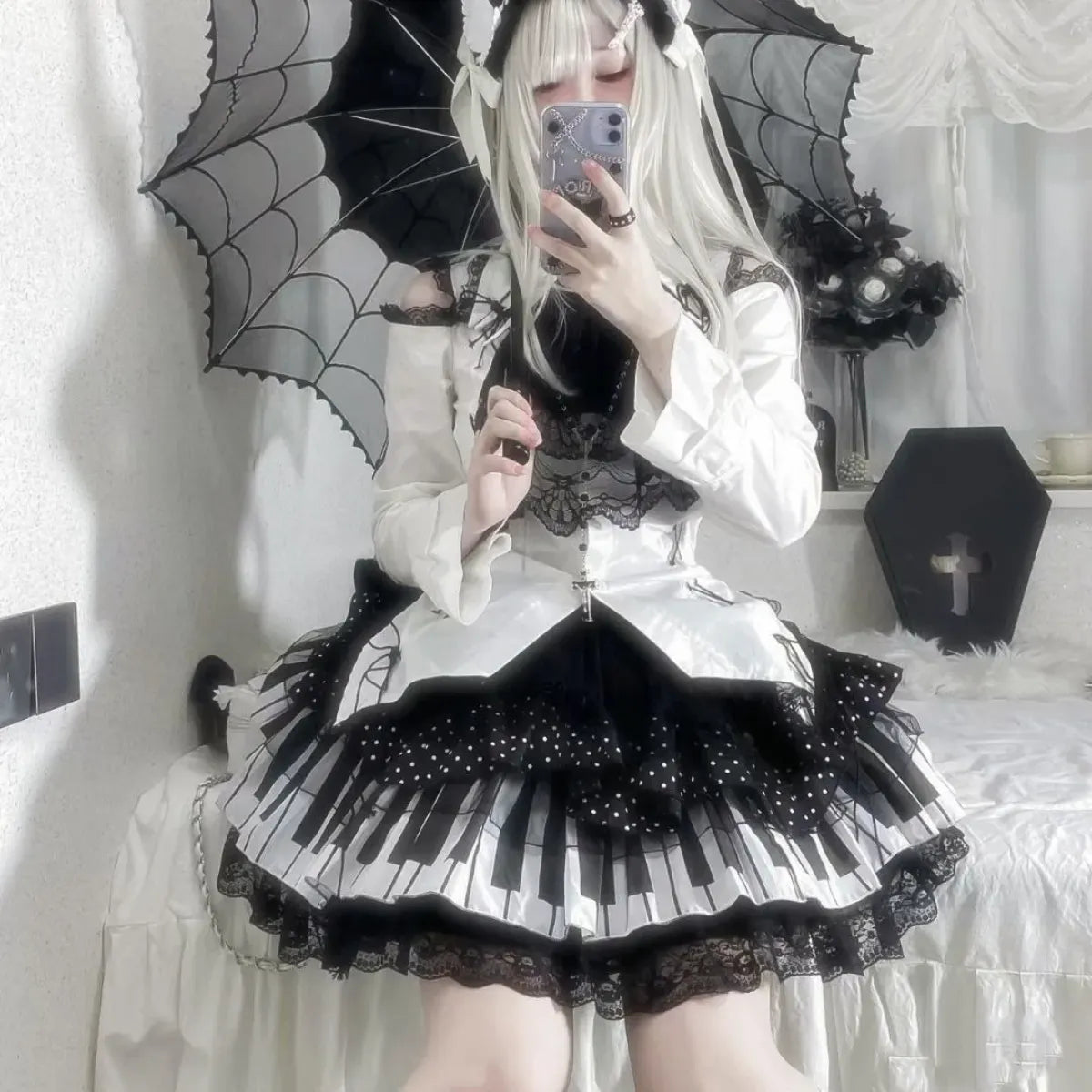 Piano Skirt – Gothic Lolita Polka Dot Lace