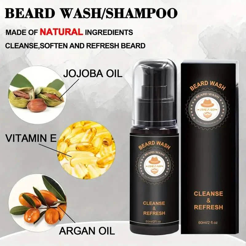 Trousse de toilettage avec revitalisant à barbe, huile, baume, brosse, nettoyant, peigne, ciseaux, sac, e-book