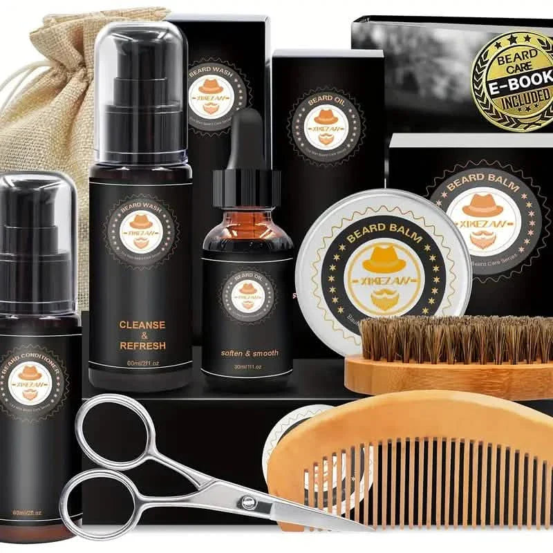 Trousse de toilettage avec revitalisant à barbe, huile, baume, brosse, nettoyant, peigne, ciseaux, sac, e-book