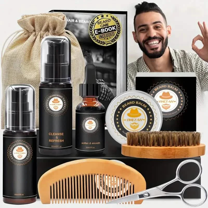 Trousse de toilettage avec revitalisant à barbe, huile, baume, brosse, nettoyant, peigne, ciseaux, sac, e-book