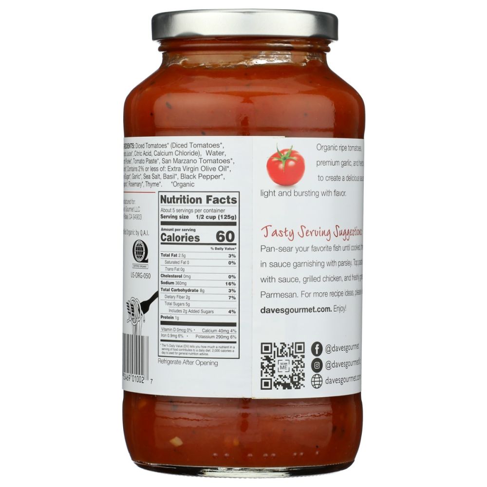 DAVES GOURMET: Organic Heritage Red Pasta Sauce, 24 oz