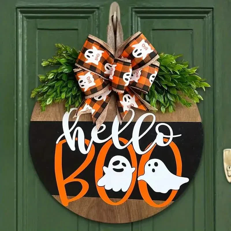 Décoration de porte d'entrée ronde en bois pour Halloween – Couronne