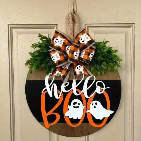 Décoration de porte d'entrée ronde en bois pour Halloween – Couronne