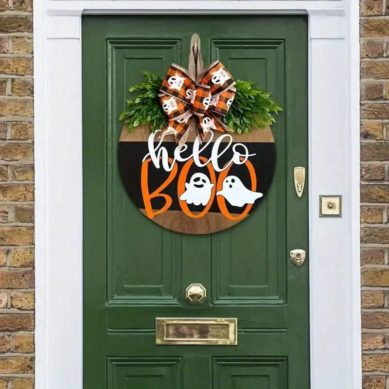 Décoration de porte d'entrée ronde en bois pour Halloween – Couronne