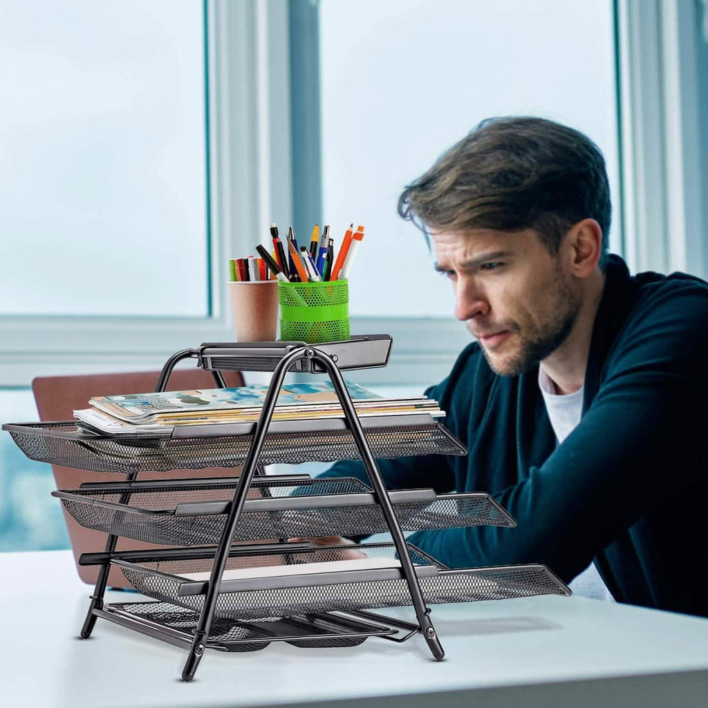 Halter 3 Tier Mesh Desktop Organizer with Sliding Paper Trays