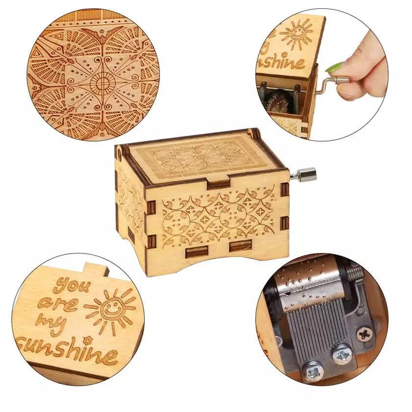 Hand Crank Vintage Wood Carved Sunshine Musical Box