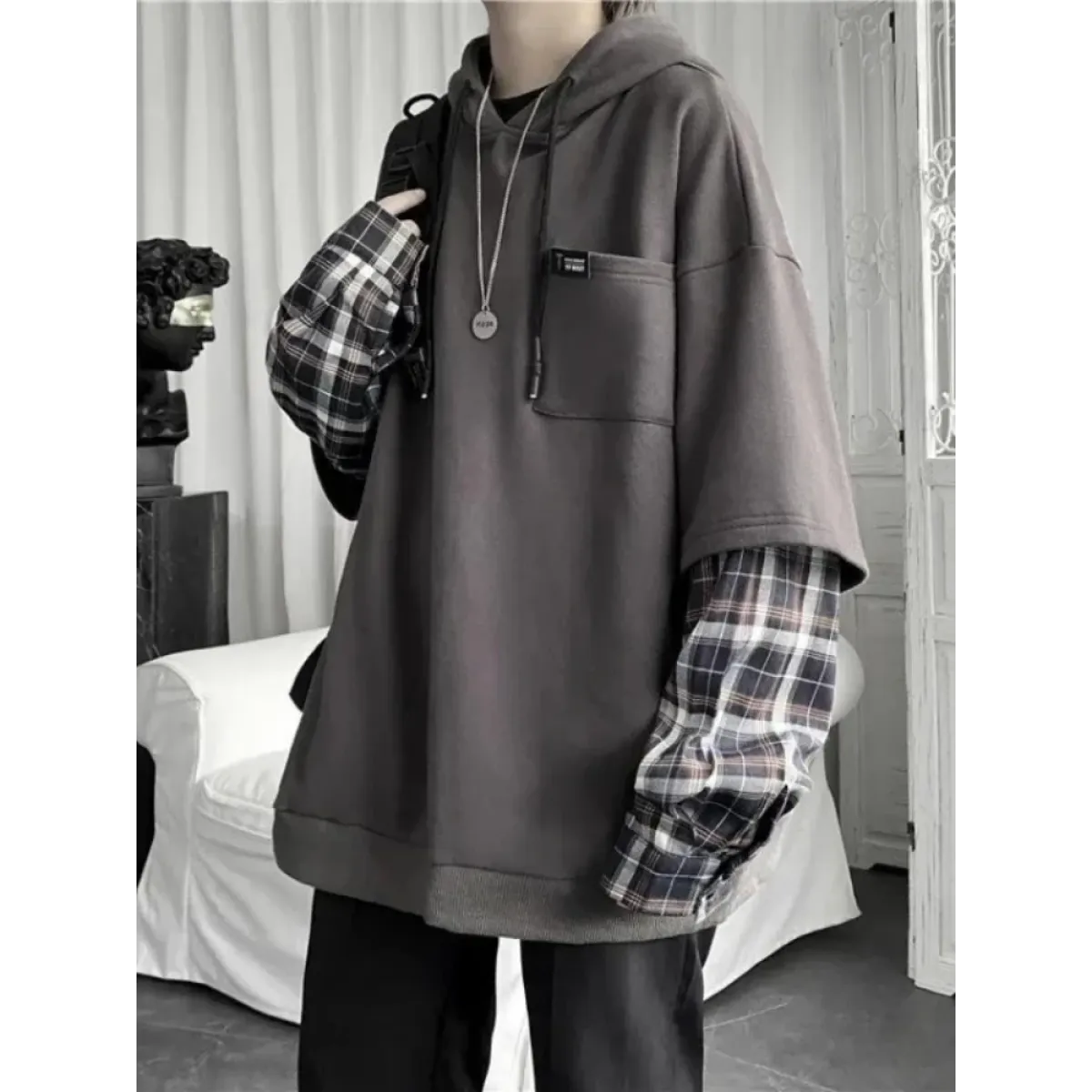 Harajuku Oversized Unisex Hoodie – Plaid Patchwork Grunge Style