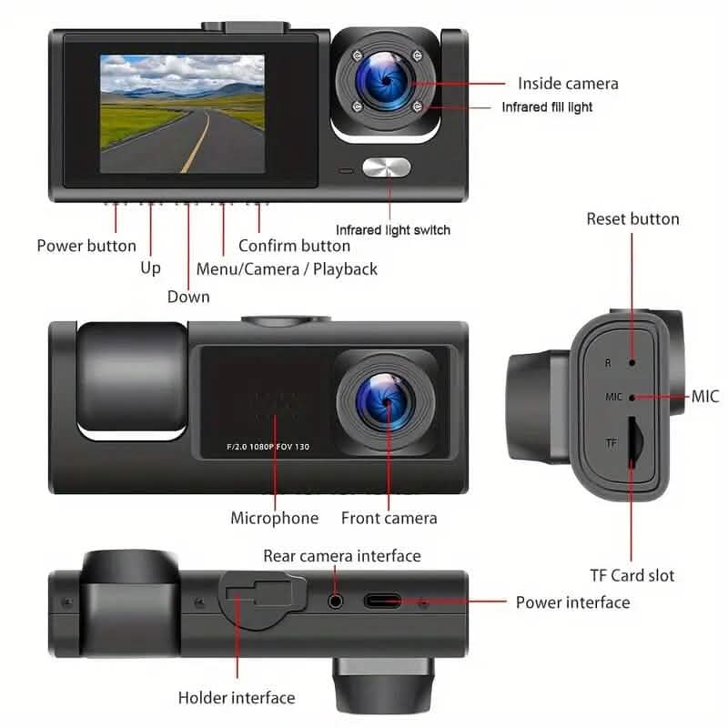 HD 1080P Car Dual Camera with IR Night Vision Loop Recording 2" IPS Screen
