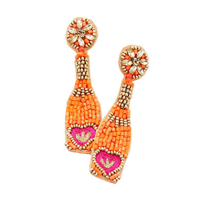 Heart Accented Beaded Champagne Dangle Earrings