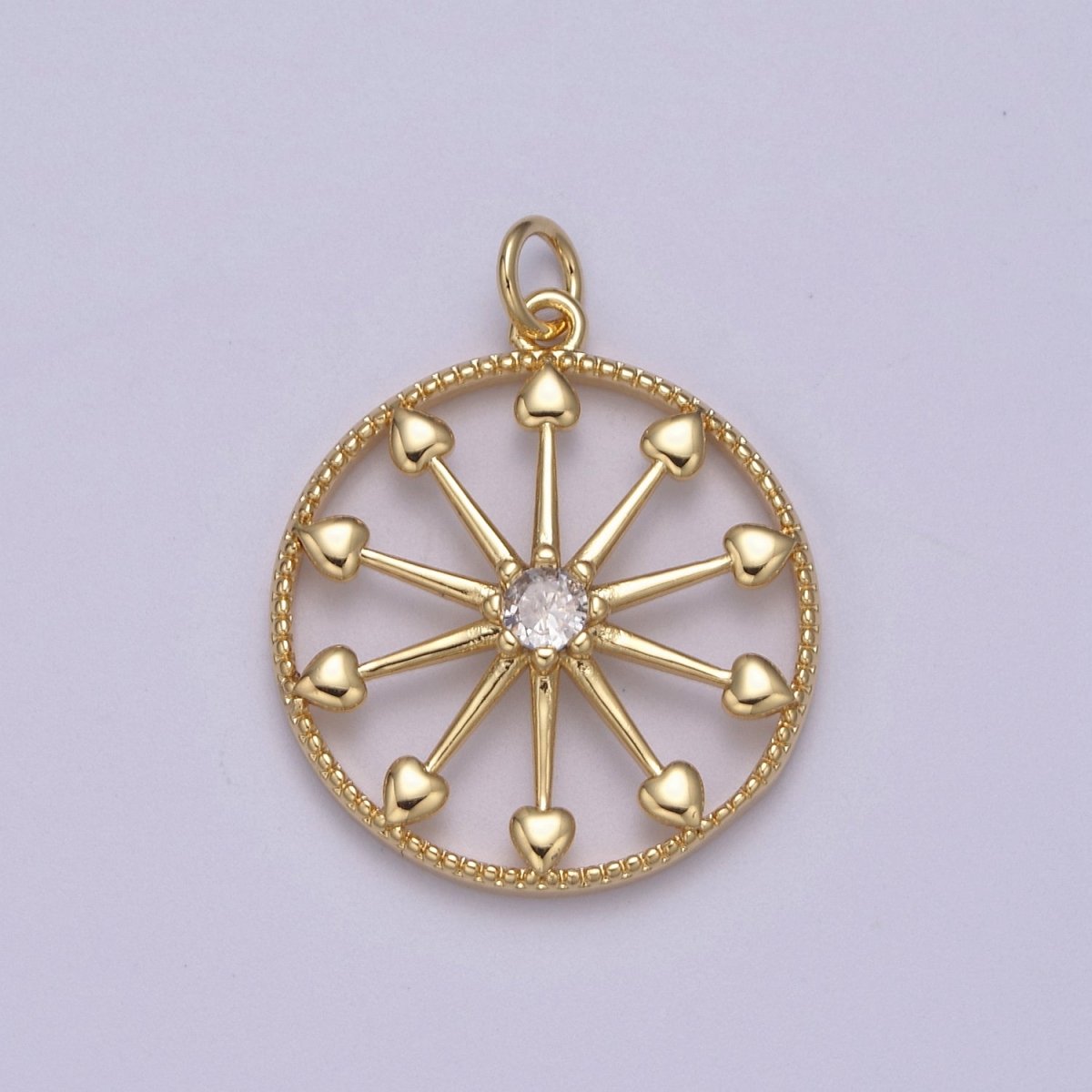 Heart Gold Wheel Micro Pave CZ Charm - Cubic Zirconia Pioneer Wagon Ferris Wheel Wholesale Charms N-389