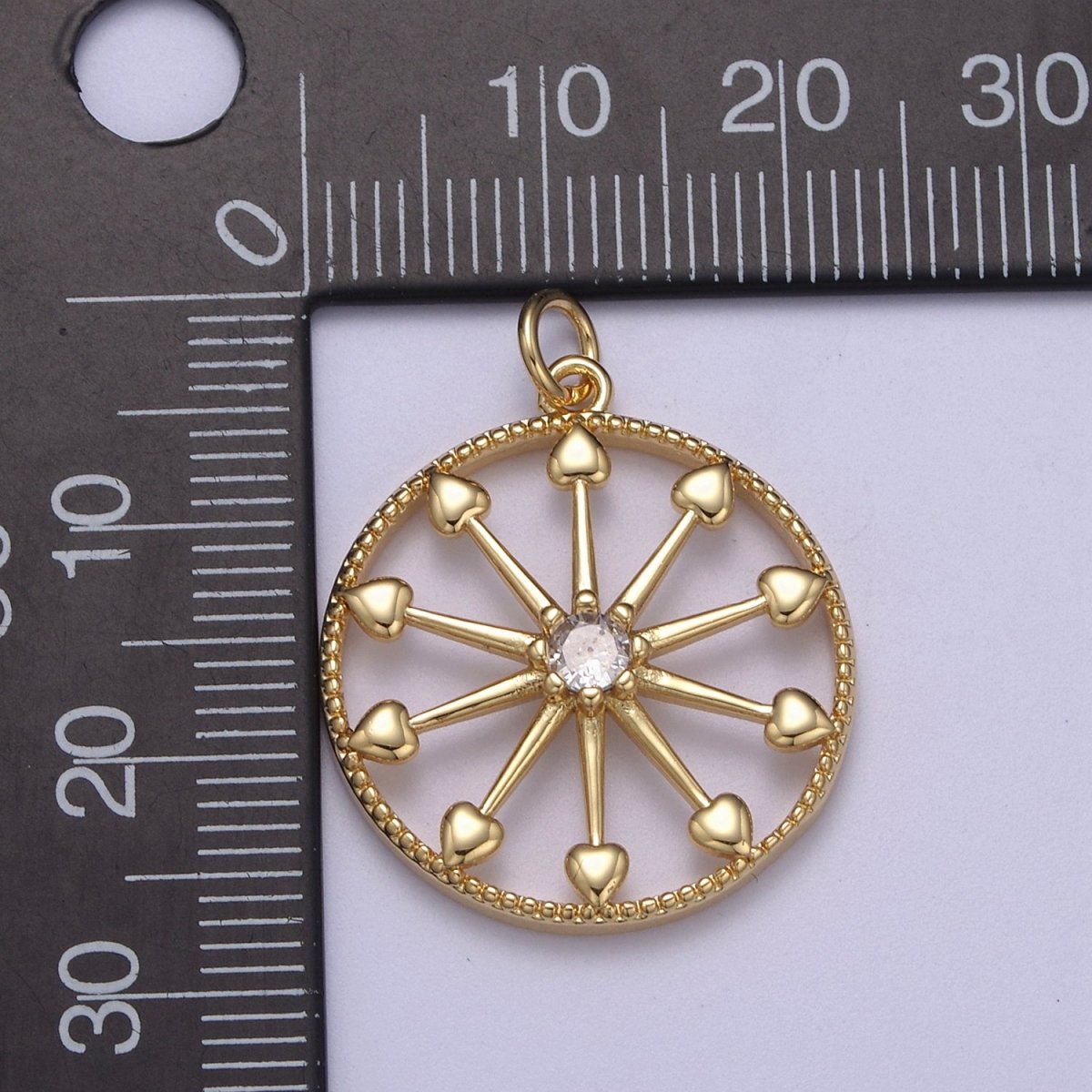 Heart Gold Wheel Micro Pave CZ Charm - Cubic Zirconia Pioneer Wagon Ferris Wheel Wholesale Charms N-389
