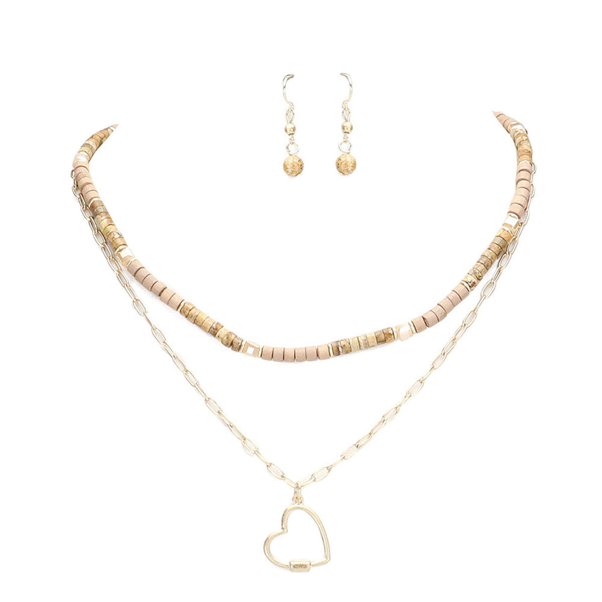 Heart Pendant Wood Natural Stone Double Layered Jewelry Set