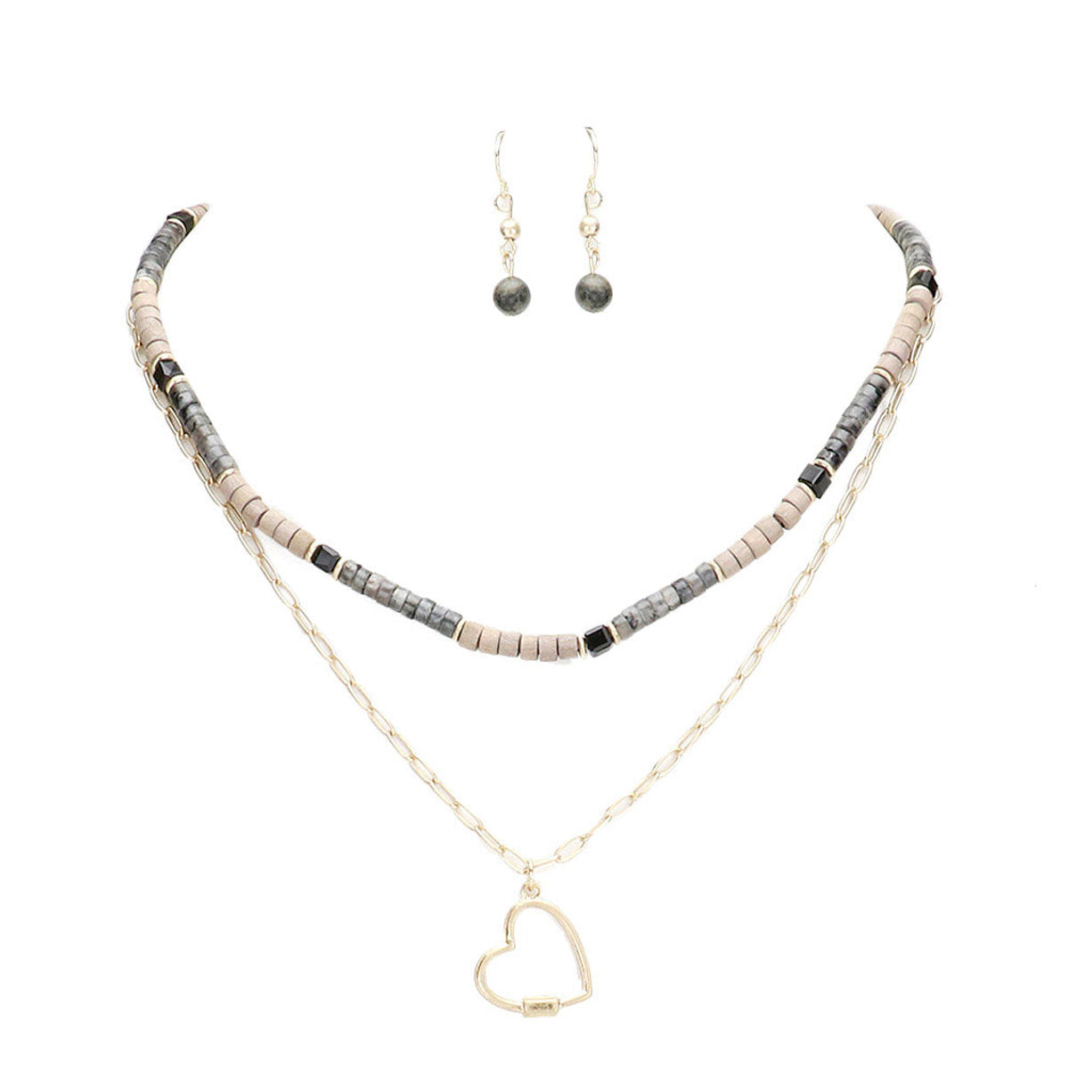 Heart Pendant Wood Natural Stone Double Layered Jewelry Set