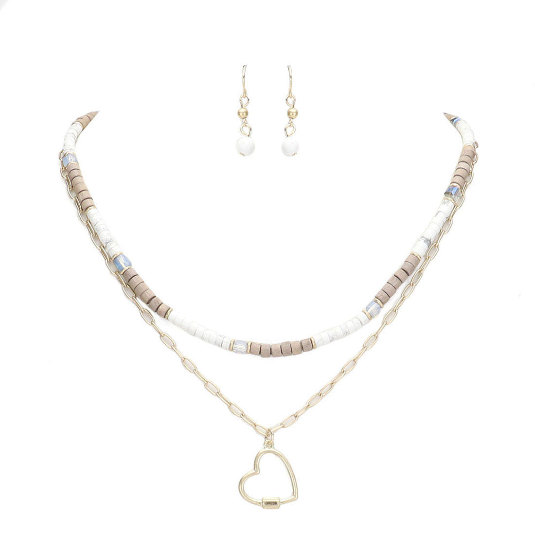 Heart Pendant Wood Natural Stone Double Layered Jewelry Set