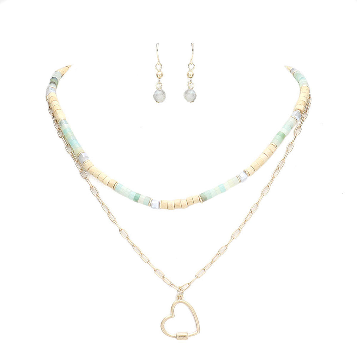 Heart Pendant Wood Natural Stone Double Layered Jewelry Set