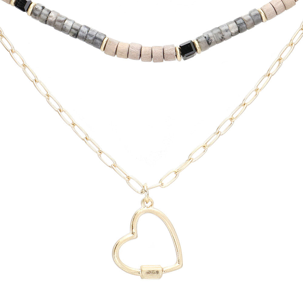 Heart Pendant Wood Natural Stone Double Layered Jewelry Set