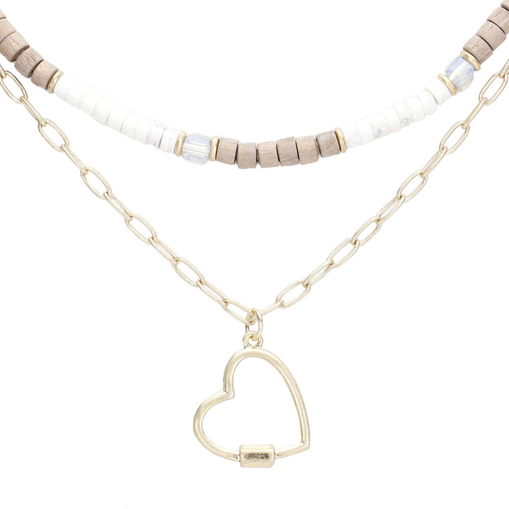 Heart Pendant Wood Natural Stone Double Layered Jewelry Set