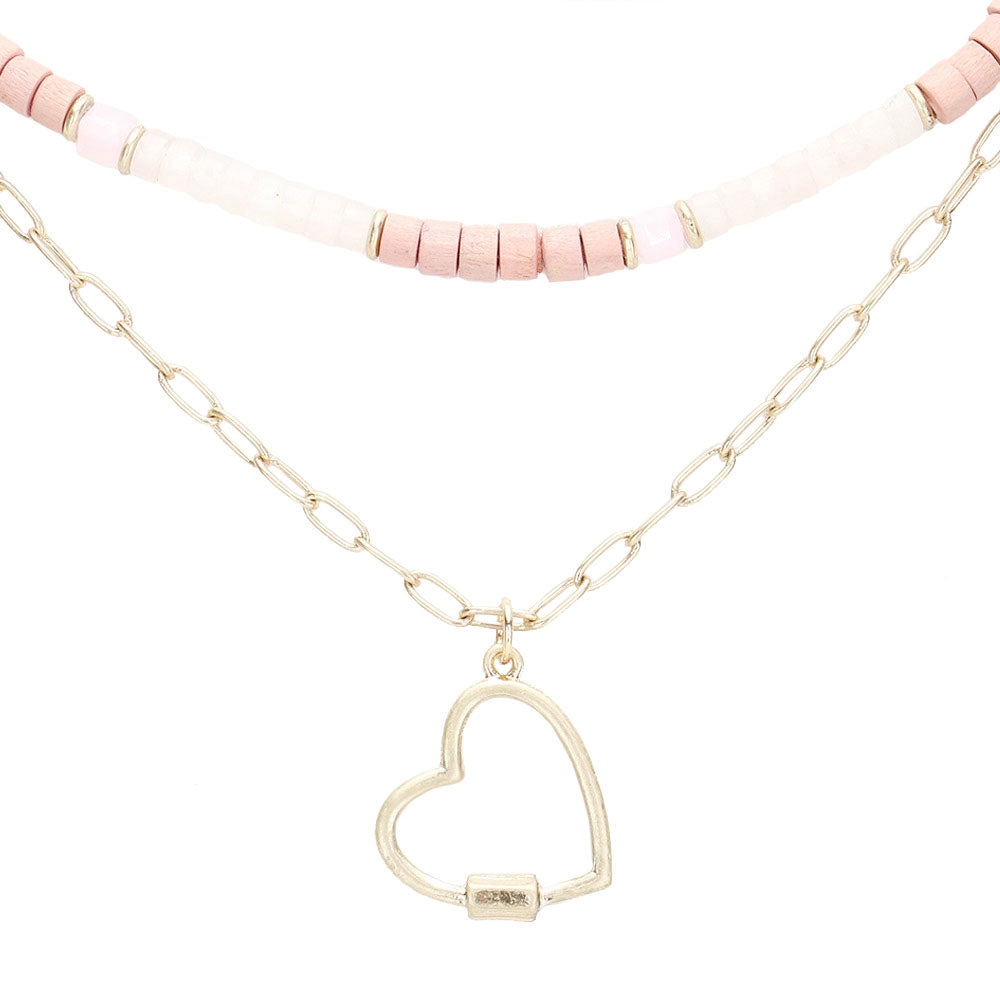 Heart Pendant Wood Natural Stone Double Layered Jewelry Set