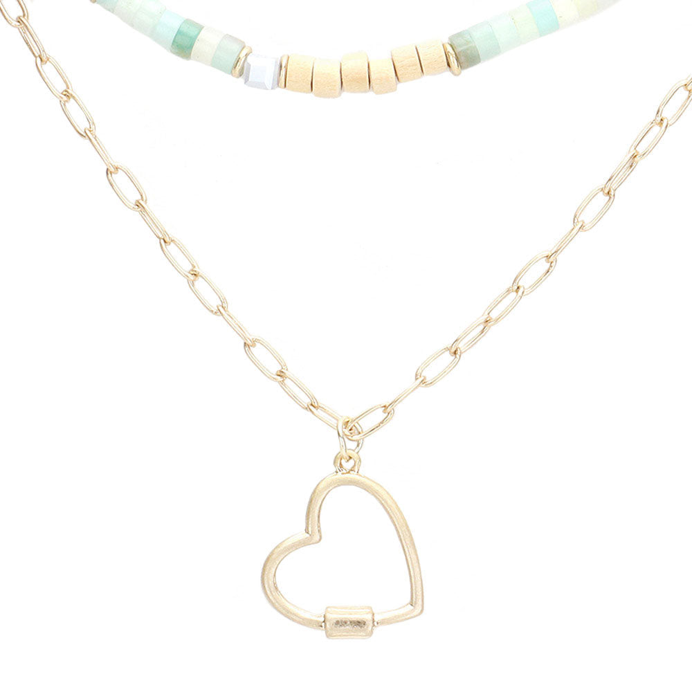 Heart Pendant Wood Natural Stone Double Layered Jewelry Set