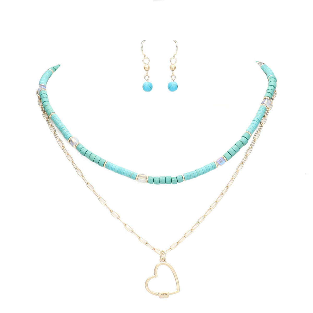 Heart Pendant Wood Natural Stone Double Layered Jewelry Set