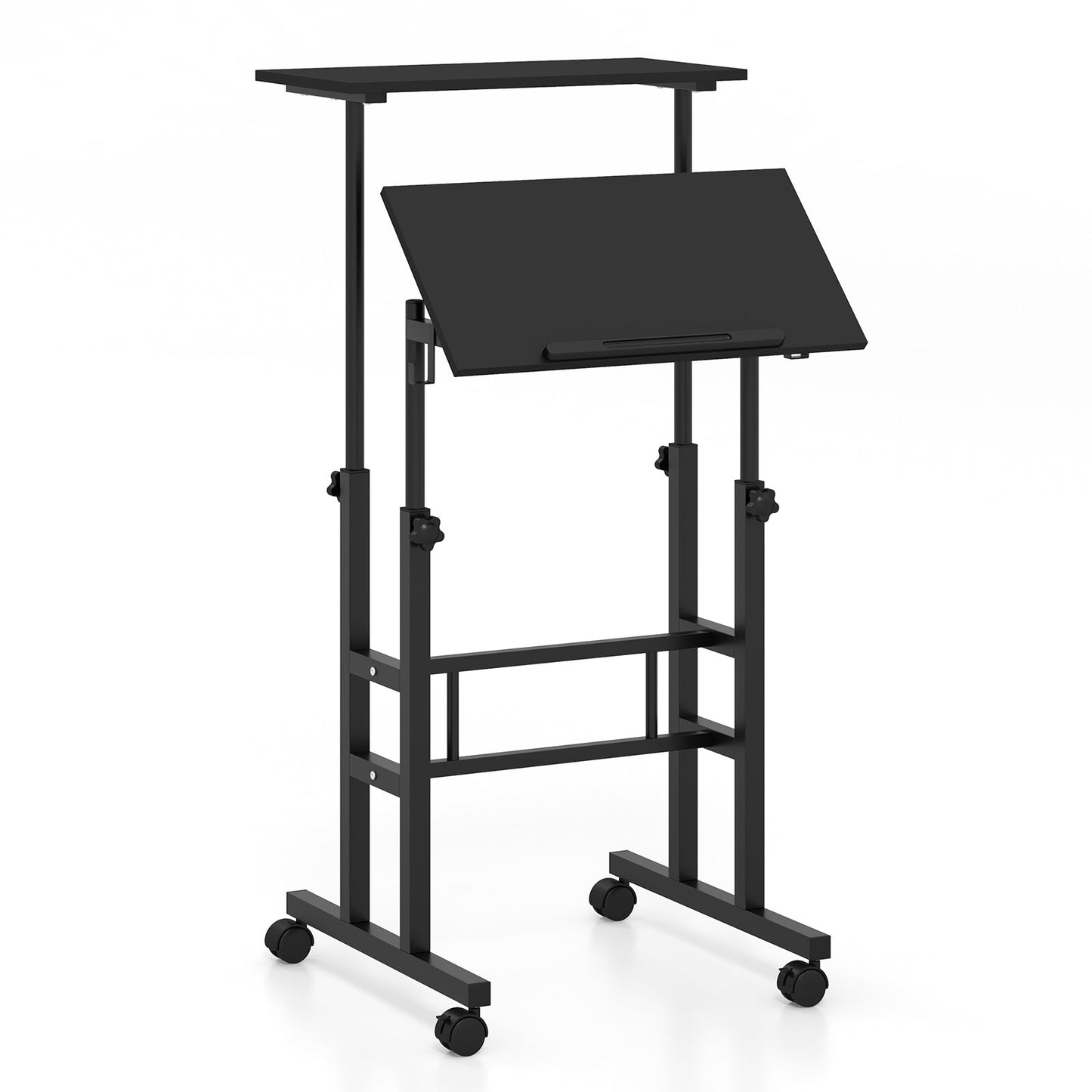 Mobile Standing Desk Height-Adjustable Laptop Cart with Split Top and Hanging Hooks