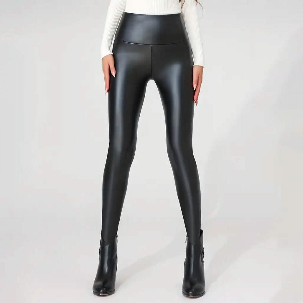 Legging élastique doublé polaire en similicuir PU taille haute