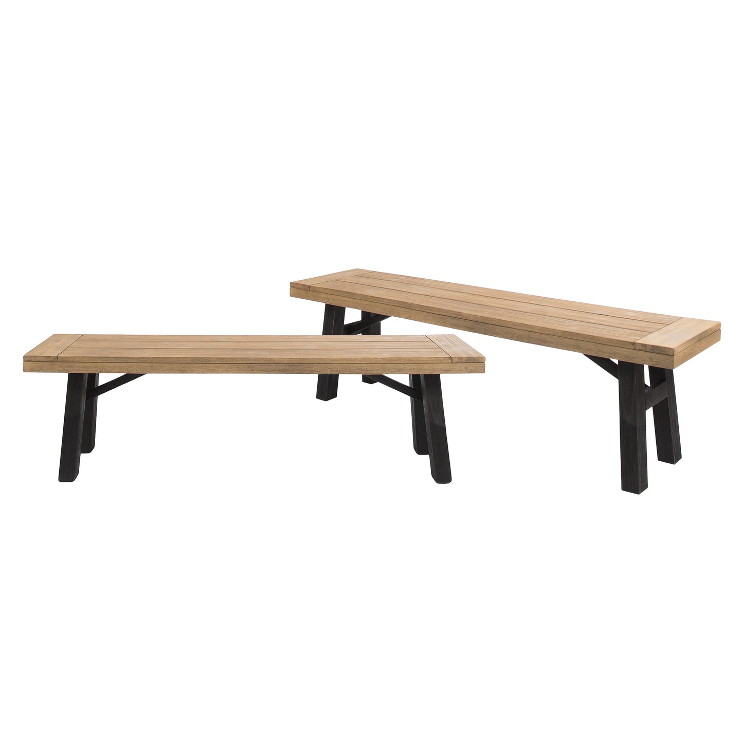Outdoor Bench with Slat Panel Design and Acacia Wood Frame (Set of 2)