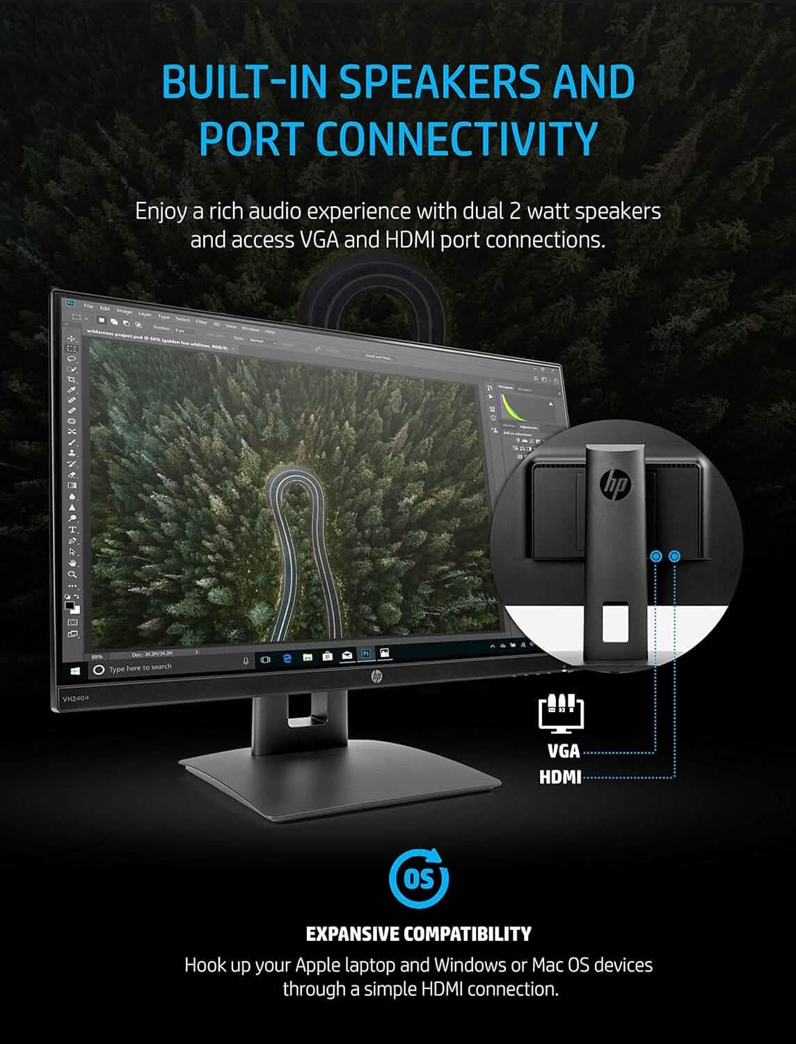 HP 23.8” VH240a IPS FHD LED Monitor HDMI VGA Speakers (Refurbished)