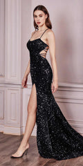 Cinderella Divine HT168 Lace Up Back with Slit Sequins Formal Gown