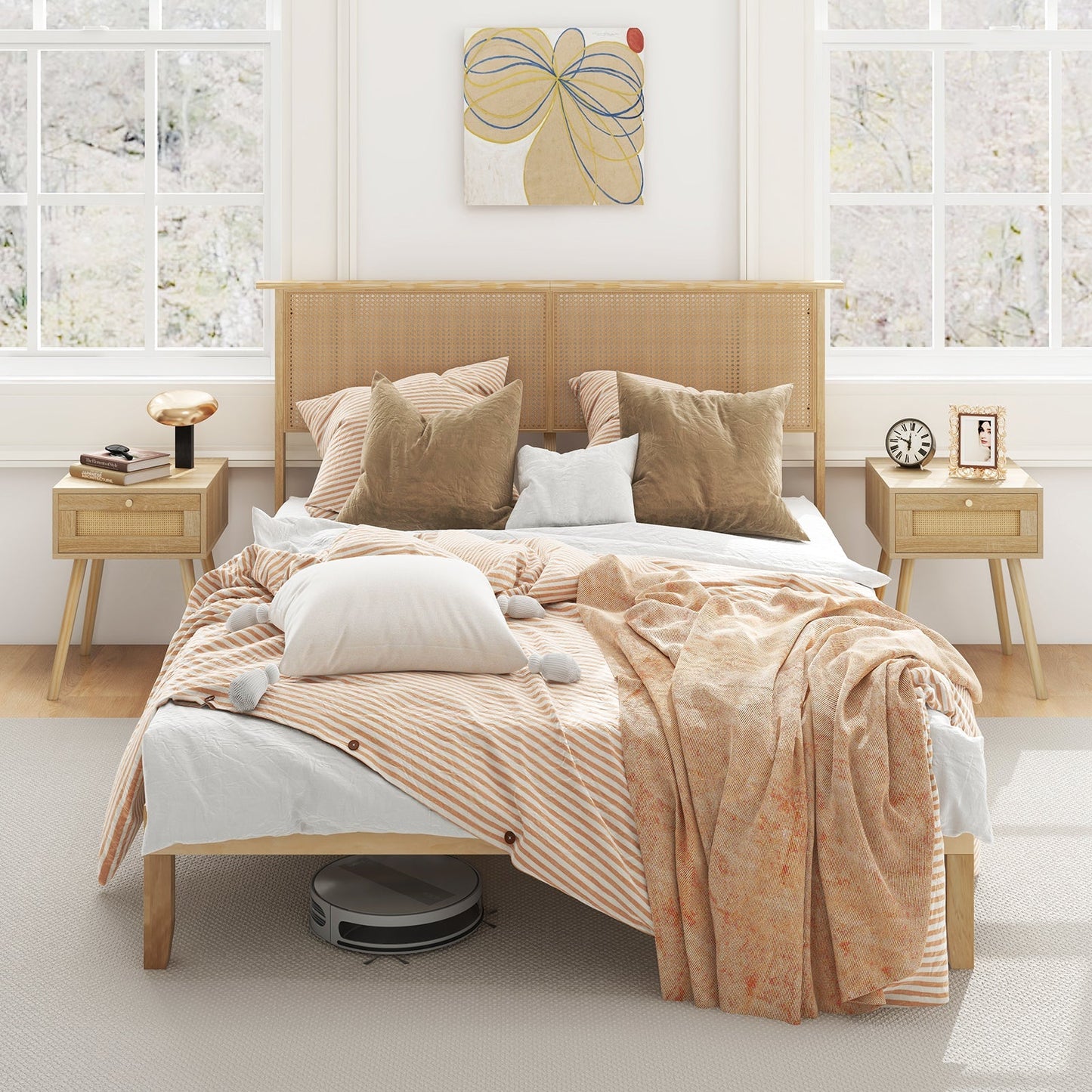 Twin/Full/Queen Size Bed Frame with Rattan Headboard