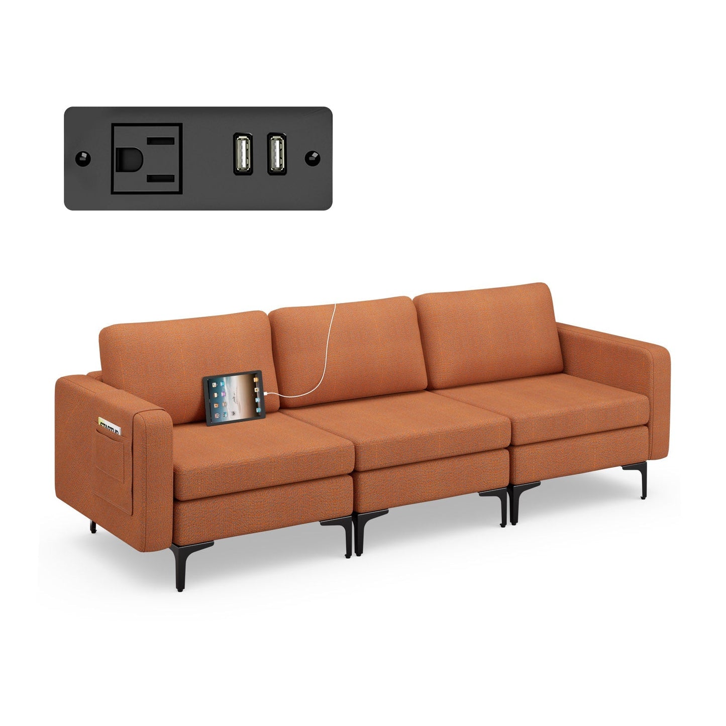 Convertible Leather Sofa Couch with Magazine Pockets 3-Seat with 2 USB Port