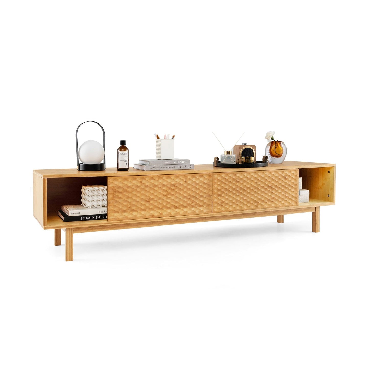 63 Inches Mid Century Modern Bamboo TV Stand with Sliding Doors-Natural