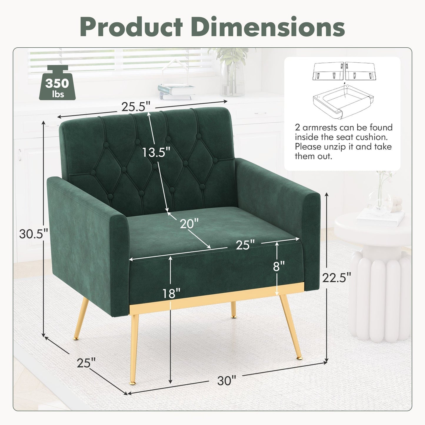 Modern Velvet Accent Chair with Button Tufted Back Golden Metal Legs and Adjustable Foot Pads