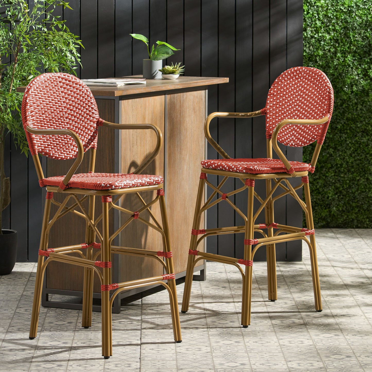 Outdoor Wicker and Aluminum 29.5" French Barstools, Set of 2