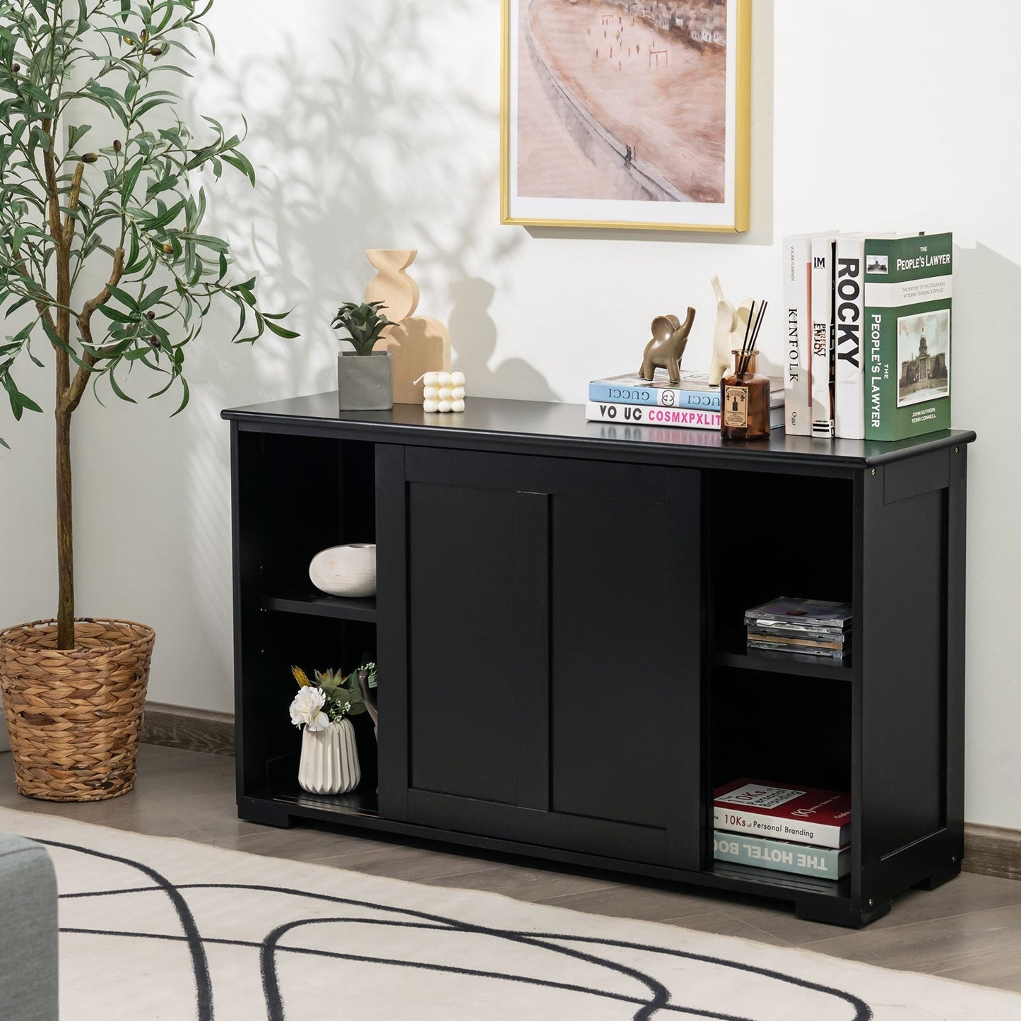 Kitchen Storage Cabinet with Wood Sliding Door