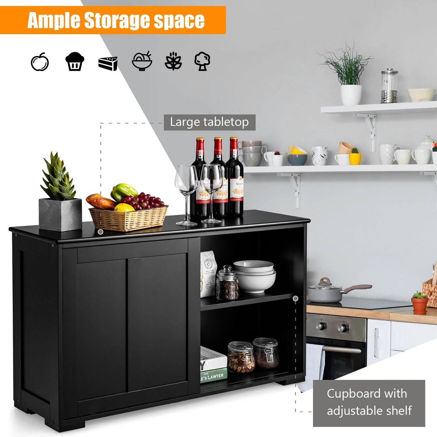 Kitchen Storage Cabinet with Wood Sliding Door
