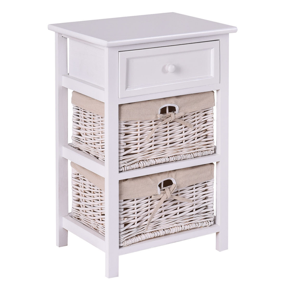 3 Tiers Wooden Storage Nightstand with 2 Baskets and 1 Drawer