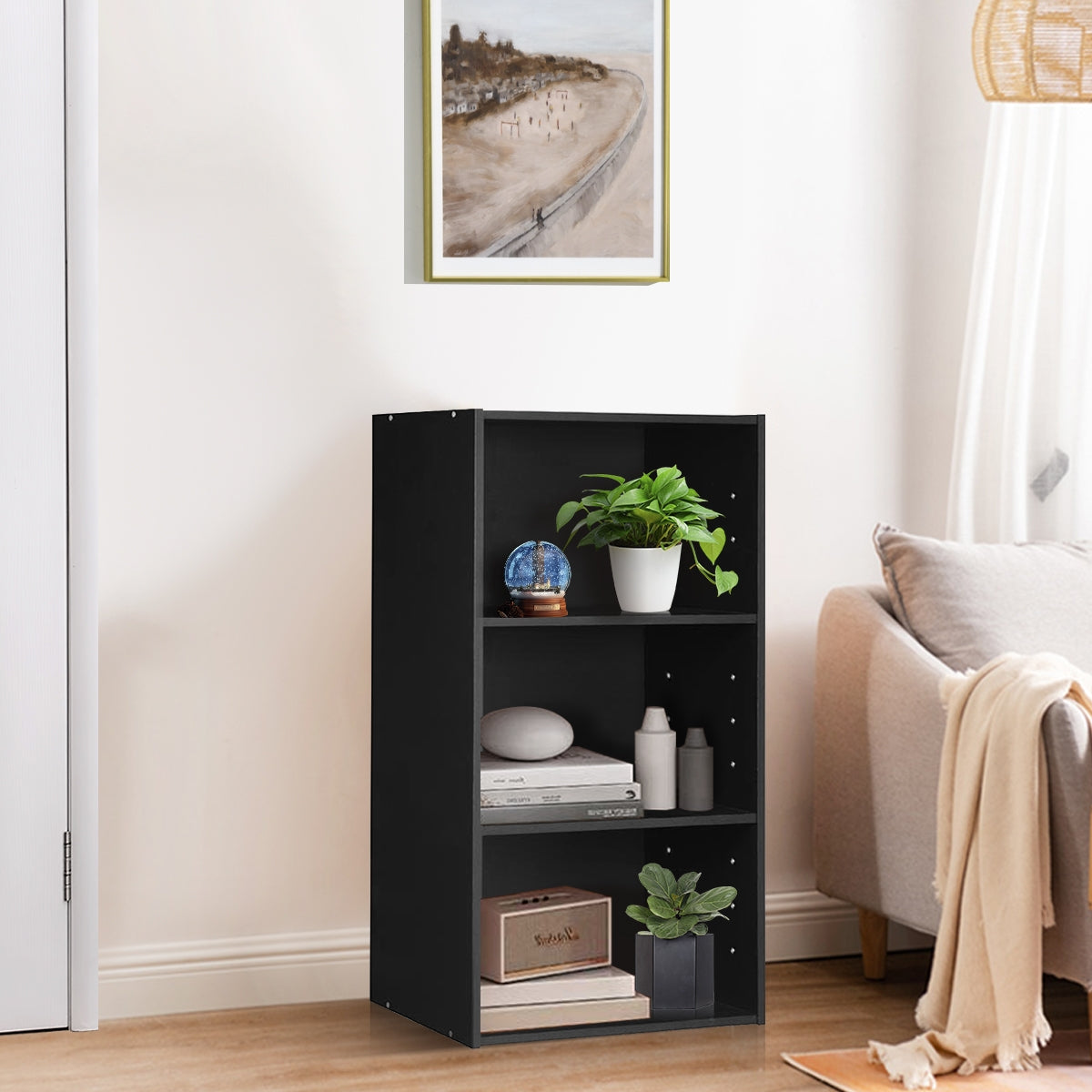 3-Tier Cube Bookcase with Adjustable Shelves for Home Office-Natural