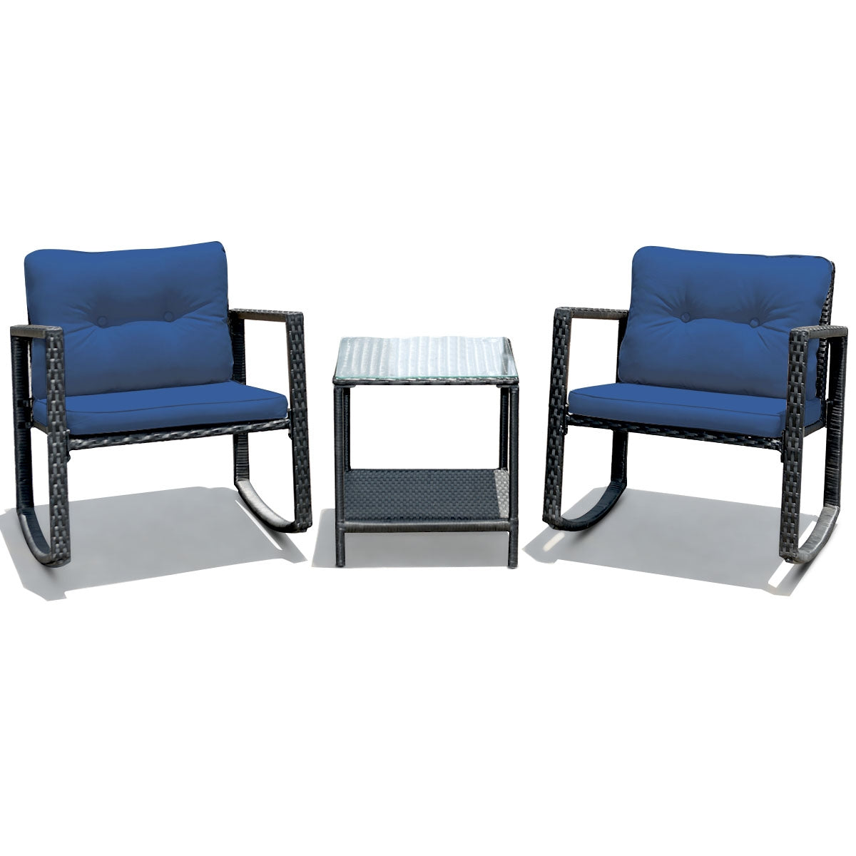 3 Pieces Cushioned Patio Rattan Set with Rocking Chair and Table-Black