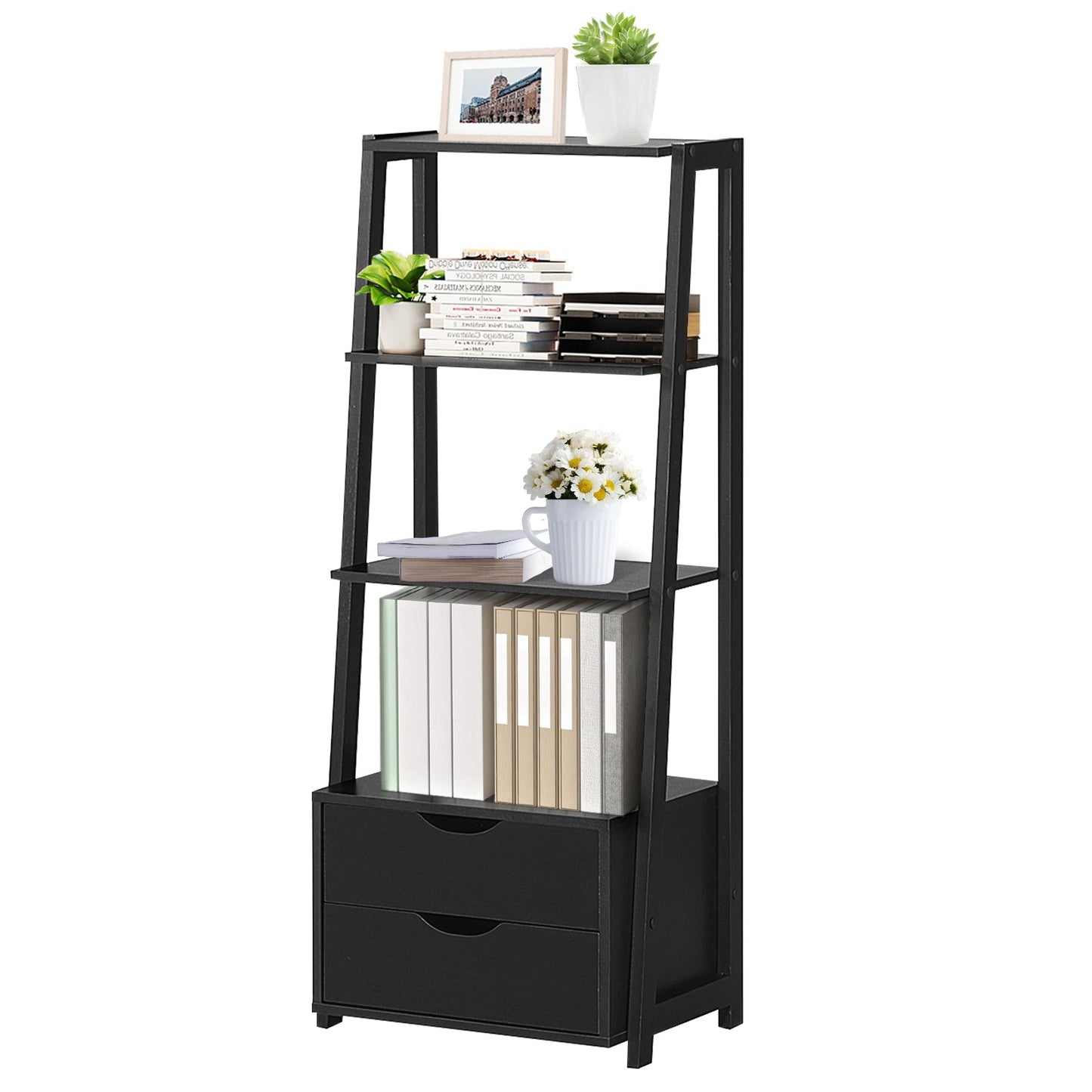 4-Tier Ladder Bookshelf Storage Display with 2 Drawers-White