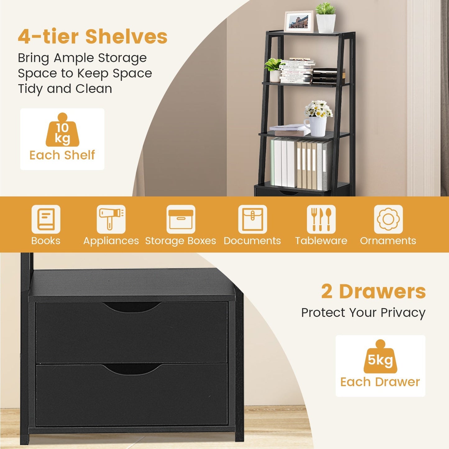 4-Tier Ladder Bookshelf Storage Display with 2 Drawers-White
