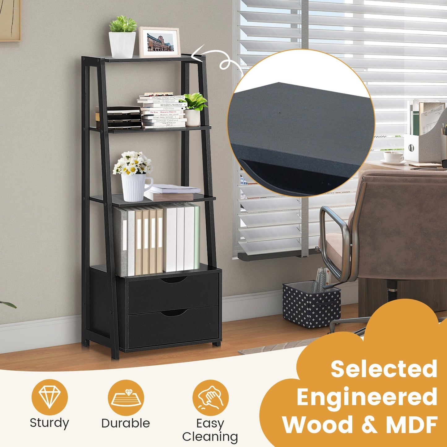 4-Tier Ladder Bookshelf Storage Display with 2 Drawers-White