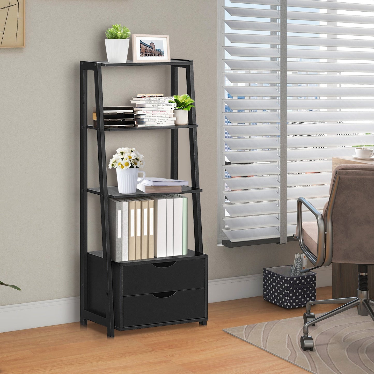 4-Tier Ladder Bookshelf Storage Display with 2 Drawers-White