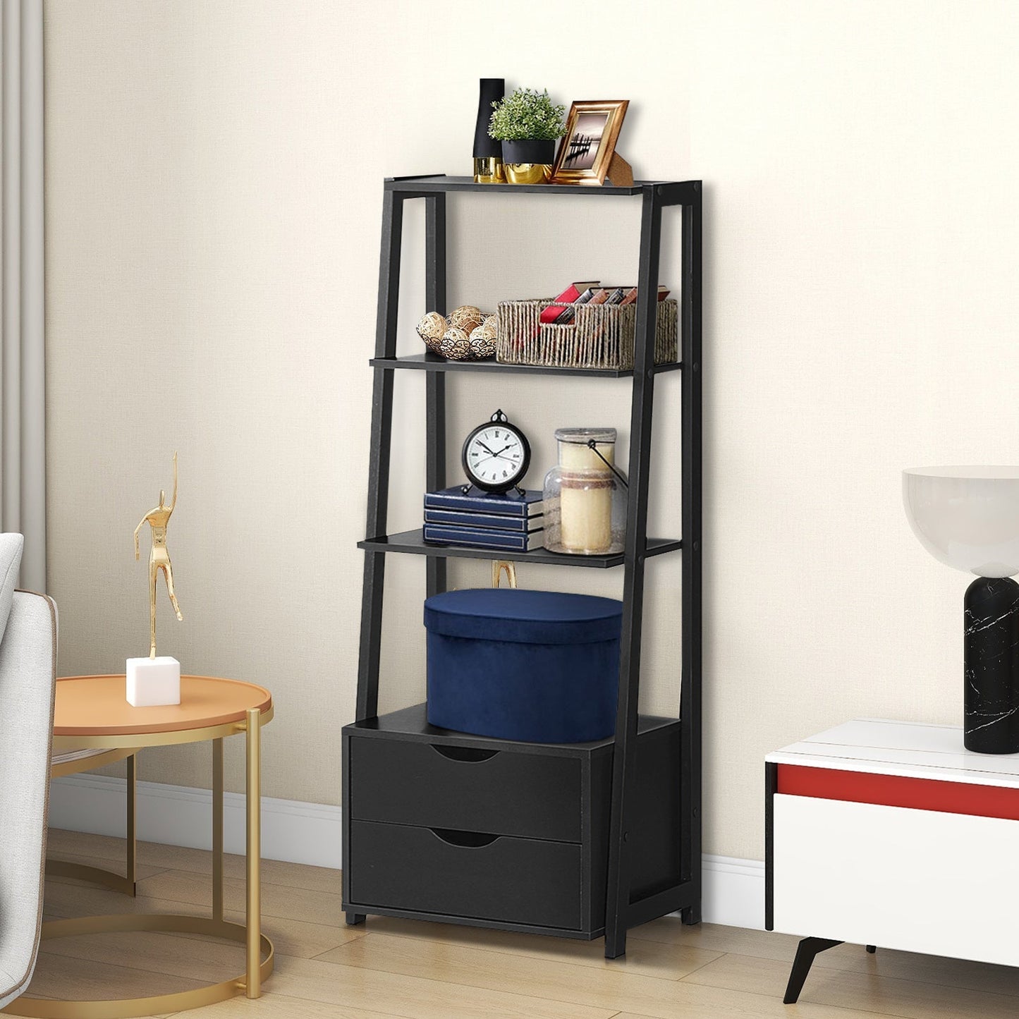4-Tier Ladder Bookshelf Storage Display with 2 Drawers-White