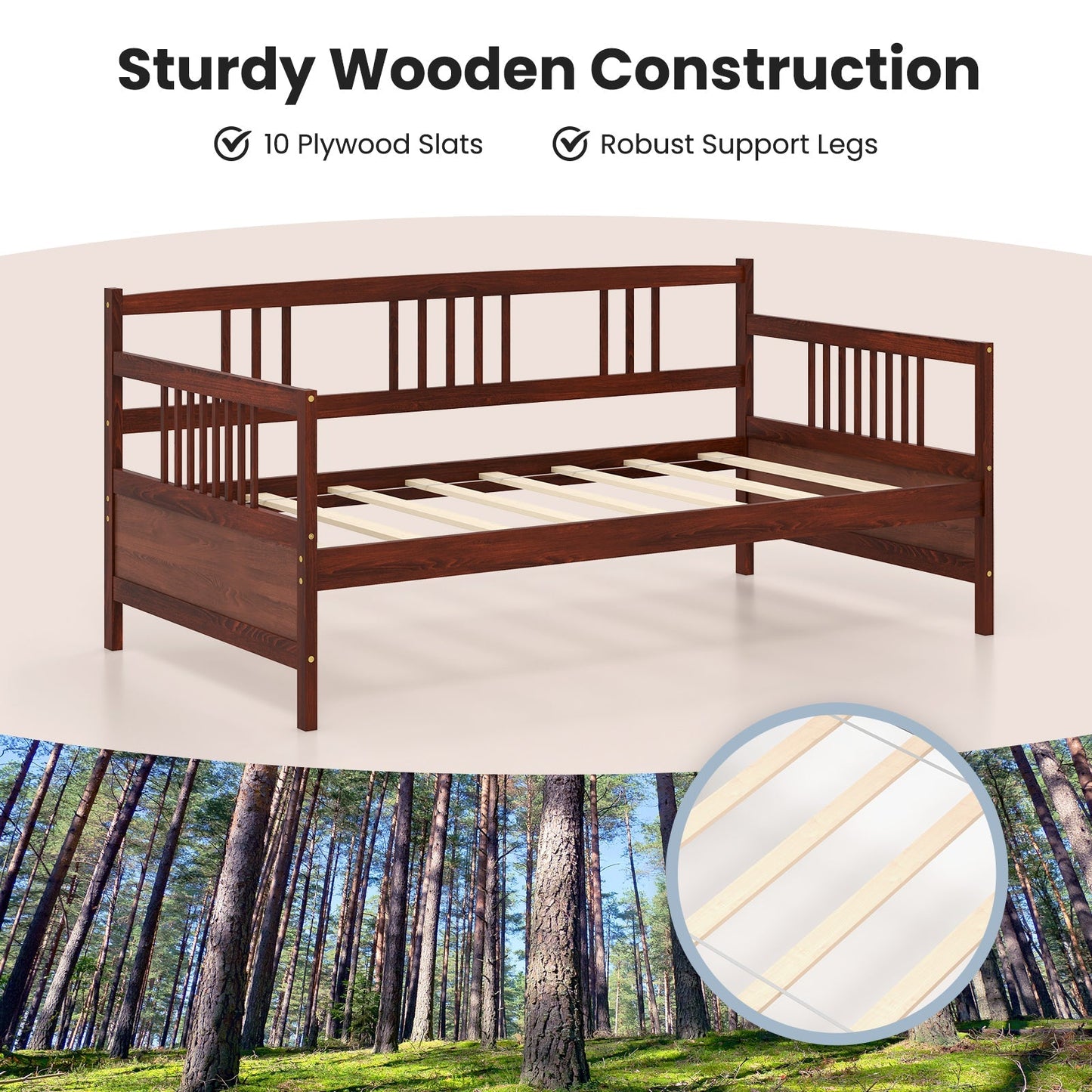 Twin Size Wooden Slats Daybed Bed with Rails